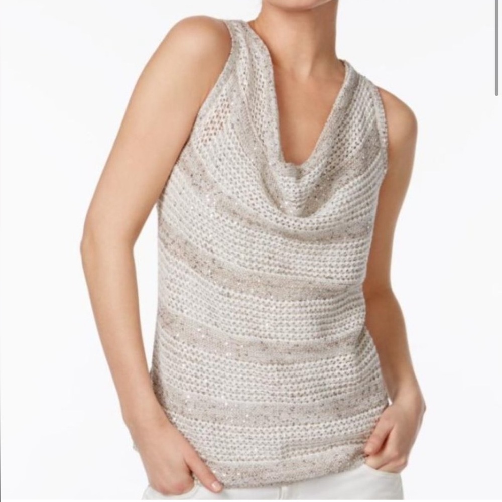 INC International Concepts Cream and Tan Cowl Neck Sweater